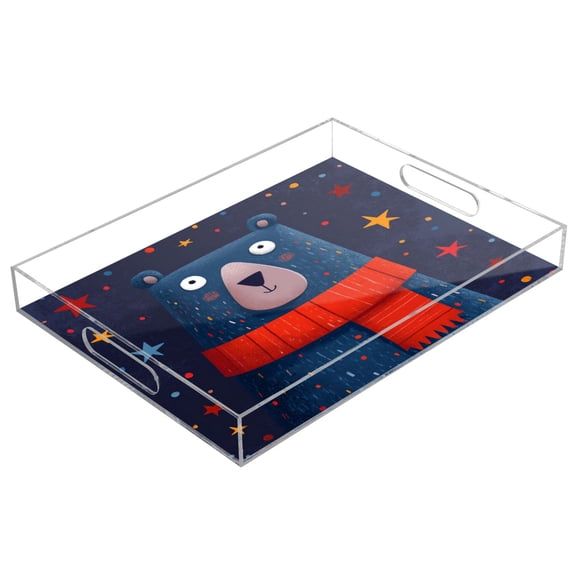 Acrylic Tray 15.7*11.8*1.9 Inch Transparent Tray Food Tray Tea Cup Tray Serving Trays Cosmetics Storage Kitchen Table Bathroom Sundry Storage Christmas Blue Bear