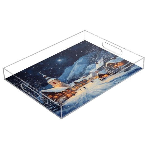 Acrylic Tray 15.7*11.8*1.9 Inch Transparent Tray Food Tray Tea Cup Tray Serving Trays Cosmetics Storage Kitchen Table Bathroom Sundry Storage Christmas Snow Picture