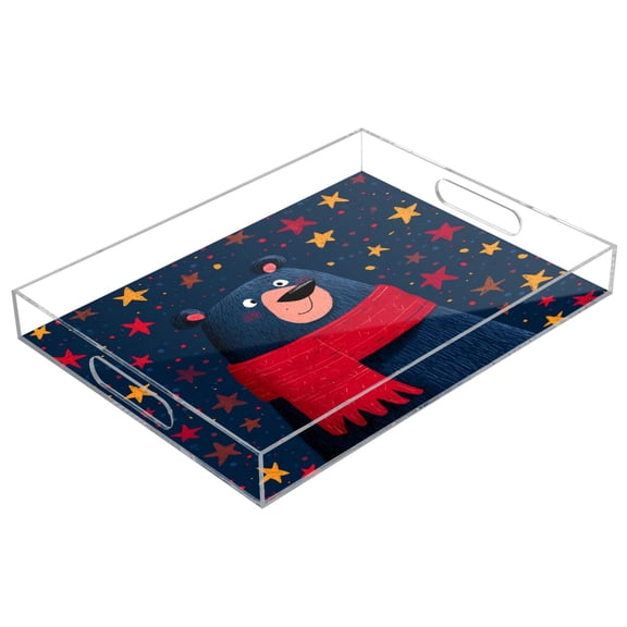 Acrylic Tray 15.7*11.8*1.9 Inch Transparent Tray Food Tray Tea Cup Tray Serving Trays Cosmetics Storage Kitchen Table Bathroom Sundry Storage Christmas Blue Cartoon Bear