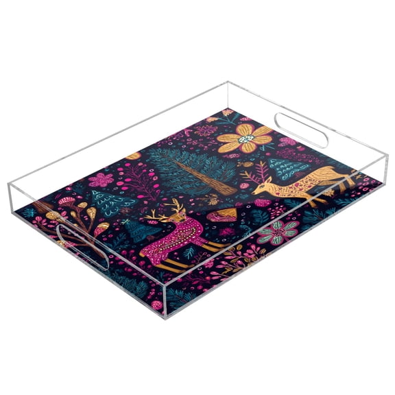 Acrylic Tray 15.7*11.8*1.9 Inch Transparent Tray Food Tray Tea Cup Tray Serving Trays Cosmetics Storage Kitchen Table Bathroom Sundry Storage Christmas Deer Cute