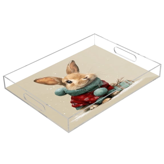Acrylic Tray 15.7*11.8*1.9 Inch Transparent Tray Food Tray Tea Cup Tray Serving Trays Cosmetics Storage Kitchen Table Bathroom Sundry Storage Christmas Rabbit