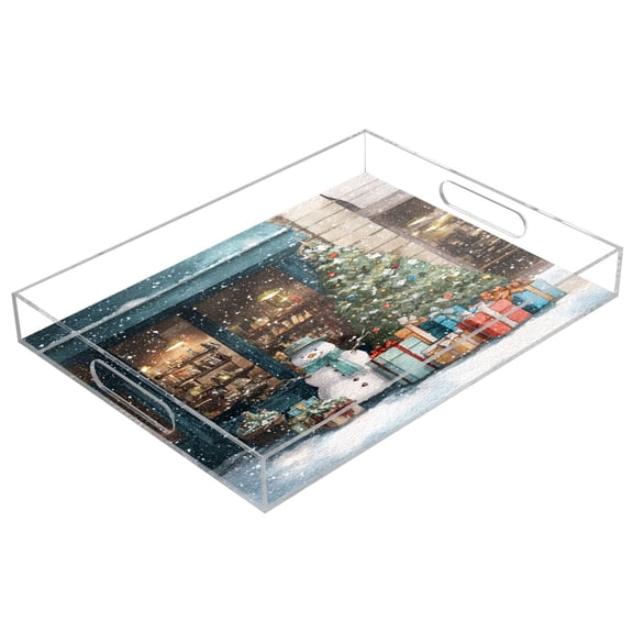 Acrylic Tray 15.7*11.8*1.9 Inch Transparent Tray Food Tray Tea Cup Tray Serving Trays Cosmetics Storage Kitchen Table Bathroom Sundry Storage Christmas Snow Night