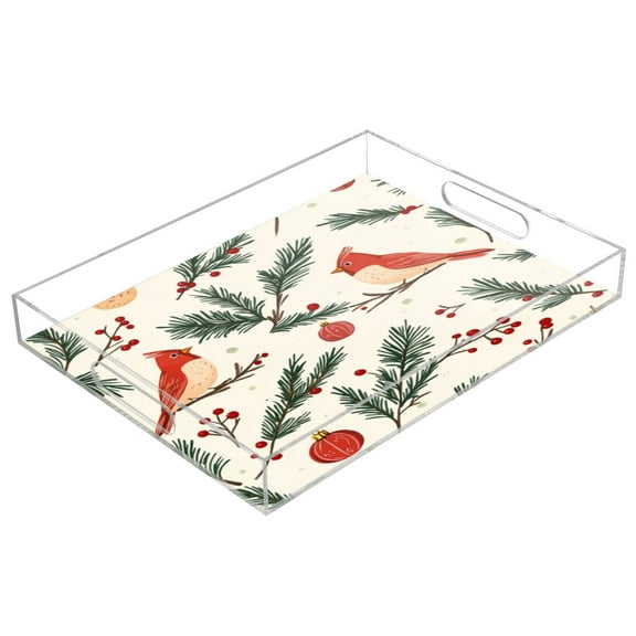 Acrylic Tray 15.7*11.8*1.9 Inch Transparent Tray Food Tray Tea Cup Tray Serving Trays Cosmetics Storage Kitchen Table Bathroom Sundry Storage Christmas Cute Red Bird
