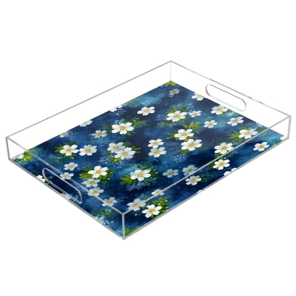 Acrylic Tray 15.7*11.8*1.9 Inch Transparent Tray Food Tray Tea Cup Tray Serving Trays Cosmetics Storage Kitchen Table Bathroom Sundry Storage Cobalt Sky Floral Dots