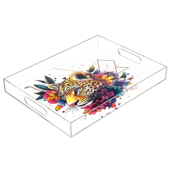 Acrylic Tray 15.7*11.8*1.9 Inch Transparent Tray Food Tray Tea Cup Tray Serving Trays Cosmetics Storage Kitchen Table Bathroom Sundry Storage Colored Art Leopard