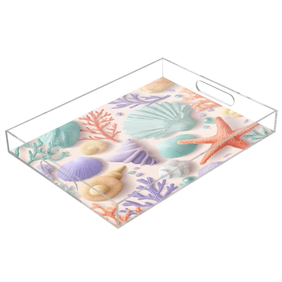 Acrylic Tray 15.7*11.8*1.9 Inch Transparent Tray Food Tray Tea Cup Tray Serving Trays Cosmetics Storage Kitchen Table Bathroom Sundry Storage Colorful Shells