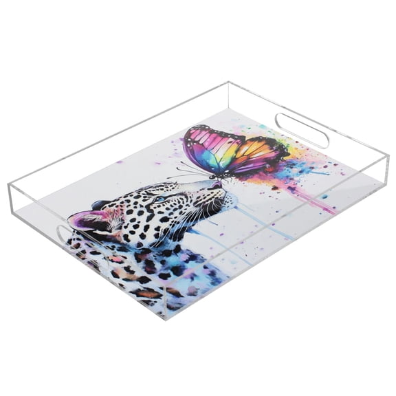 Acrylic Tray 15.7*11.8*1.9 Inch Transparent Tray Food Tray Tea Cup Tray Serving Trays Cosmetics Storage Kitchen Table Bathroom Sundry Storage Colorful Leopard and Butterflies