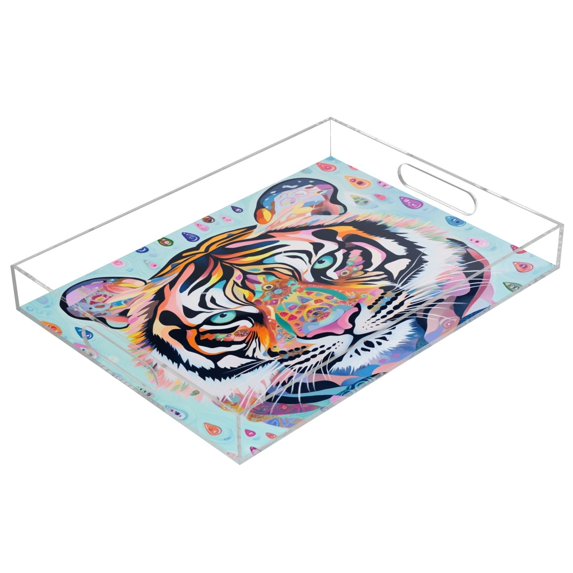 Acrylic Tray 15.7*11.8*1.9 Inch Transparent Tray Food Tray Tea Cup Tray Serving Trays Cosmetics Storage Kitchen Table Bathroom Sundry Storage Colorful Tigers and Raindrops