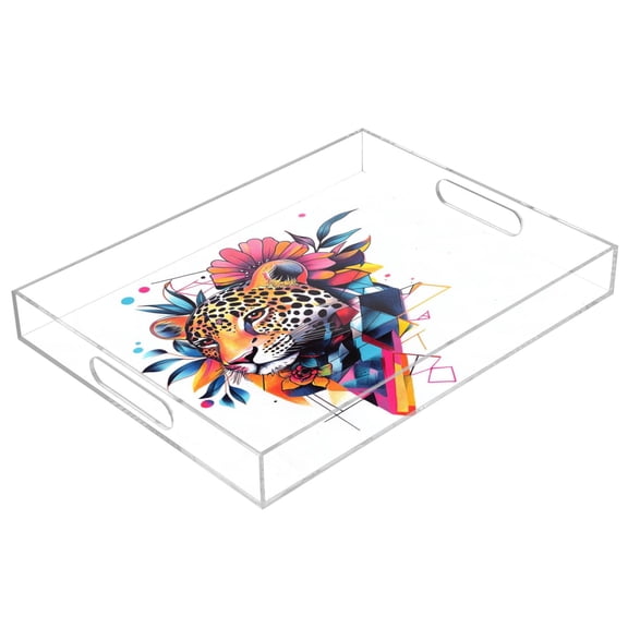 Acrylic Tray 15.7*11.8*1.9 Inch Transparent Tray Food Tray Tea Cup Tray Serving Trays Cosmetics Storage Kitchen Table Bathroom Sundry Storage Cool Colors Leopard