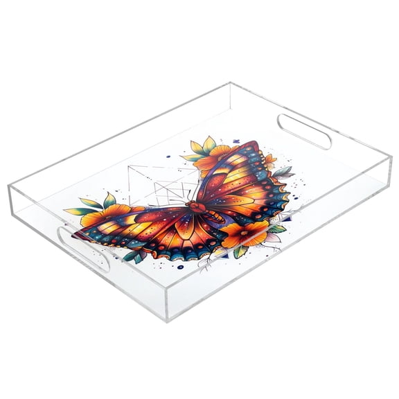 Acrylic Tray 15.7*11.8*1.9 Inch Transparent Tray Food Tray Tea Cup Tray Serving Trays Cosmetics Storage Kitchen Table Bathroom Sundry Storage Cool Colored Butterfly