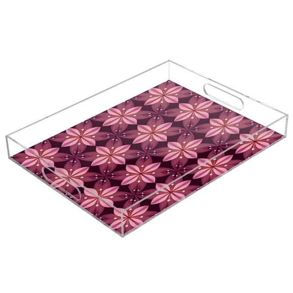 Acrylic Tray 15.7*11.8*1.9 Inch Transparent Tray Food Tray Tea Cup Tray Serving Trays Cosmetics Storage Kitchen Table Bathroom Sundry Storage Crimson Blossom Square Tiles