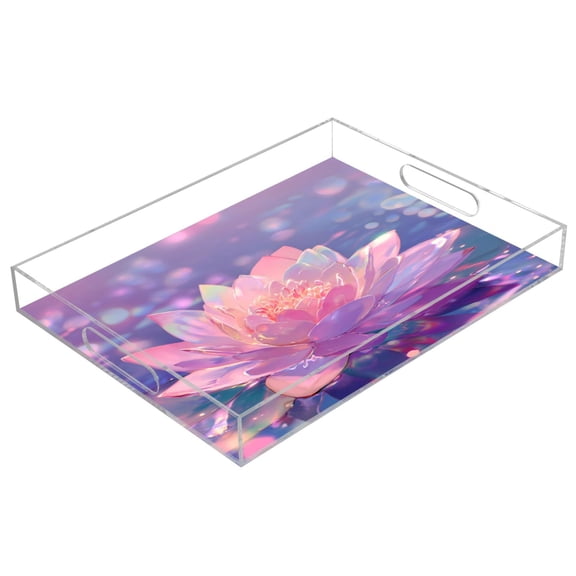 Acrylic Tray 15.7*11.8*1.9 Inch Transparent Tray Food Tray Tea Cup Tray Serving Trays Cosmetics Storage Kitchen Table Bathroom Sundry Storage Crystal Lotus