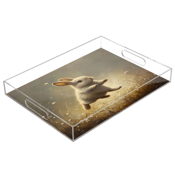 Acrylic Tray 15.7*11.8*1.9 Inch Transparent Tray Food Tray Tea Cup Tray Serving Trays Cosmetics Storage Kitchen Table Bathroom Sundry Storage Cute Bunny Hop