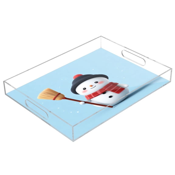 Acrylic Tray 15.7*11.8*1.9 Inch Transparent Tray Food Tray Tea Cup Tray Serving Trays Cosmetics Storage Kitchen Table Bathroom Sundry Storage Cute Cartoon Snowman