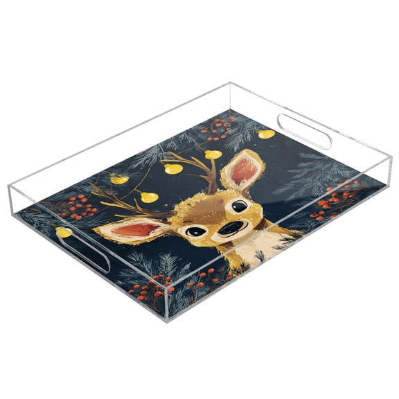 Acrylic Tray 15.7*11.8*1.9 Inch Transparent Tray Food Tray Tea Cup Tray Serving Trays Cosmetics Storage Kitchen Table Bathroom Sundry Storage Cute Christmas Deer Cartoon