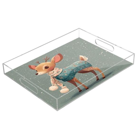 Acrylic Tray 15.7*11.8*1.9 Inch Transparent Tray Food Tray Tea Cup Tray Serving Trays Cosmetics Storage Kitchen Table Bathroom Sundry Storage Cute Christmas Deer