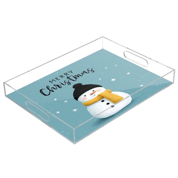Acrylic Tray 15.7*11.8*1.9 Inch Transparent Tray Food Tray Tea Cup Tray Serving Trays Cosmetics Storage Kitchen Table Bathroom Sundry Storage Cute Christmas Snowman