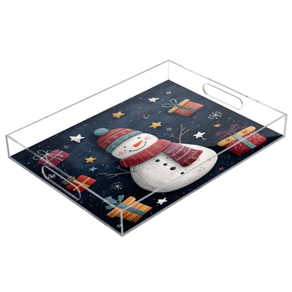 Acrylic Tray 15.7*11.8*1.9 Inch Transparent Tray Food Tray Tea Cup Tray Serving Trays Cosmetics Storage Kitchen Table Bathroom Sundry Storage Cute Christmas Snowman Cartoon