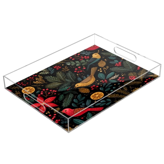 Acrylic Tray 15.7*11.8*1.9 Inch Transparent Tray Food Tray Tea Cup Tray Serving Trays Cosmetics Storage Kitchen Table Bathroom Sundry Storage Cute Colorful Christmas Birds