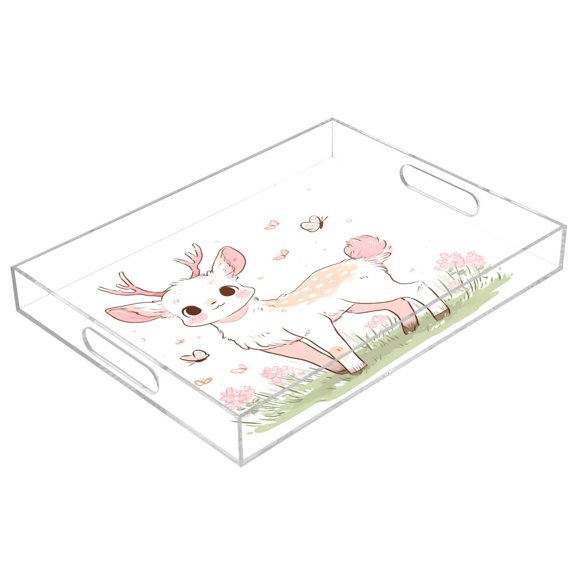 Acrylic Tray 15.7*11.8*1.9 Inch Transparent Tray Food Tray Tea Cup Tray Serving Trays Cosmetics Storage Kitchen Table Bathroom Sundry Storage A Cute Deer