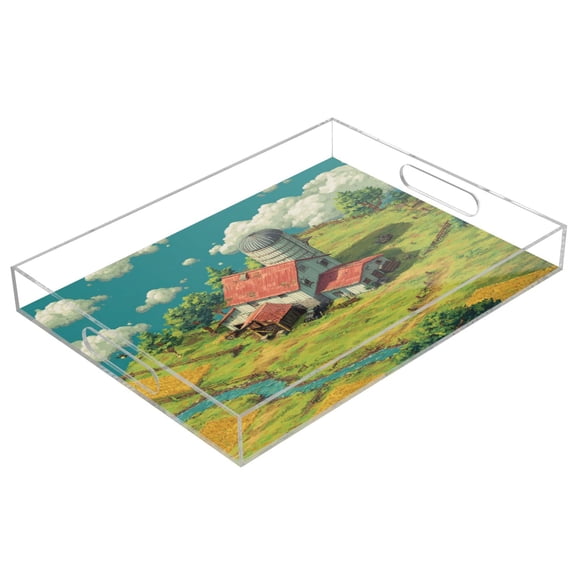 Acrylic Tray 15.7*11.8*1.9 Inch Transparent Tray Food Tray Tea Cup Tray Serving Trays Cosmetics Storage Kitchen Table Bathroom Sundry Storage Cute Farm