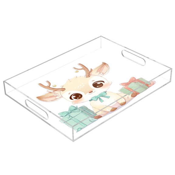 Acrylic Tray 15.7*11.8*1.9 Inch Transparent Tray Food Tray Tea Cup Tray Serving Trays Cosmetics Storage Kitchen Table Bathroom Sundry Storage Cute Little Deer