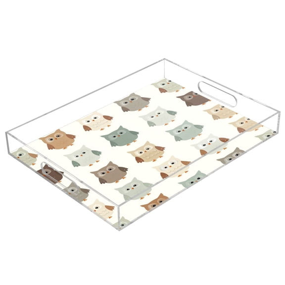 Acrylic Tray 15.7*11.8*1.9 Inch Transparent Tray Food Tray Tea Cup Tray Serving Trays Cosmetics Storage Kitchen Table Bathroom Sundry Storage Cute Owl Repeat Pattern
