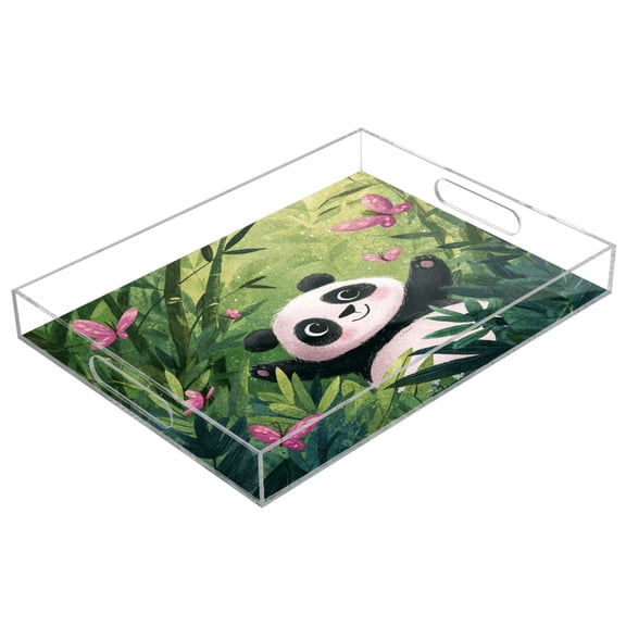 Acrylic Tray 15.7*11.8*1.9 Inch Transparent Tray Food Tray Tea Cup Tray Serving Trays Cosmetics Storage Kitchen Table Bathroom Sundry Storage Cute Panda Playing