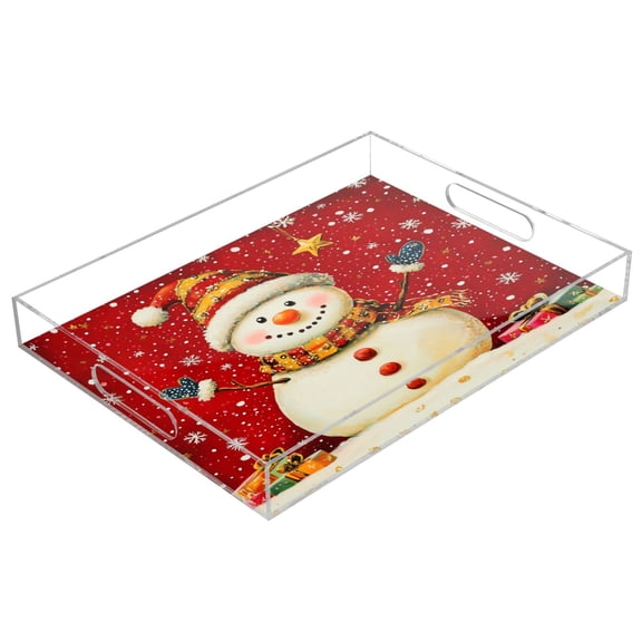 Acrylic Tray 15.7*11.8*1.9 Inch Transparent Tray Food Tray Tea Cup Tray Serving Trays Cosmetics Storage Kitchen Table Bathroom Sundry Storage Cute Red Christmas Snowman