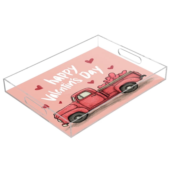 Acrylic Tray 15.7*11.8*1.9 Inch Transparent Tray Food Tray Tea Cup Tray Serving Trays Cosmetics Storage Kitchen Table Bathroom Sundry Storage Cute Red Truck