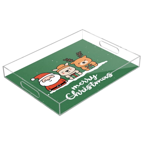 Acrylic Tray 15.7*11.8*1.9 Inch Transparent Tray Food Tray Tea Cup Tray Serving Trays Cosmetics Storage Kitchen Table Bathroom Sundry Storage Cute Santa Claus Cartoon
