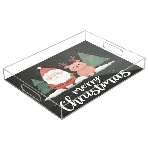 Acrylic Tray 15.7*11.8*1.9 Inch Transparent Tray Food Tray Tea Cup Tray Serving Trays Cosmetics Storage Kitchen Table Bathroom Sundry Storage Cute Santa Claus and Deer