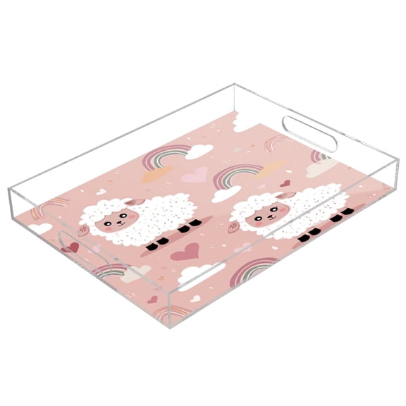 Acrylic Tray 15.7*11.8*1.9 Inch Transparent Tray Food Tray Tea Cup Tray Serving Trays Cosmetics Storage Kitchen Table Bathroom Sundry Storage Cute Sheep Rainbow Hearts
