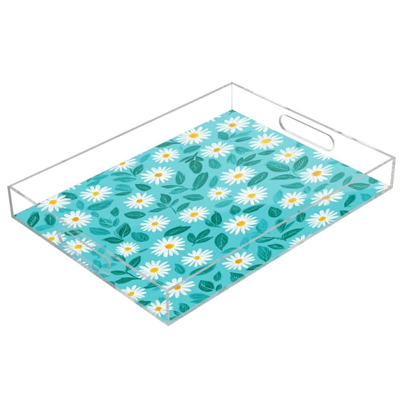 Acrylic Tray 15.7*11.8*1.9 Inch Transparent Tray Food Tray Tea Cup Tray Serving Trays Cosmetics Storage Kitchen Table Bathroom Sundry Storage Cute Simple Daisy Pattern