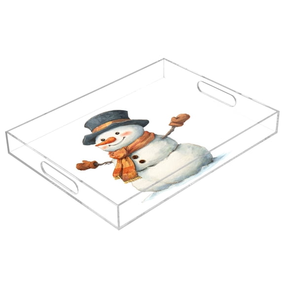 Acrylic Tray 15.7*11.8*1.9 Inch Transparent Tray Food Tray Tea Cup Tray Serving Trays Cosmetics Storage Kitchen Table Bathroom Sundry Storage Cute Snowman