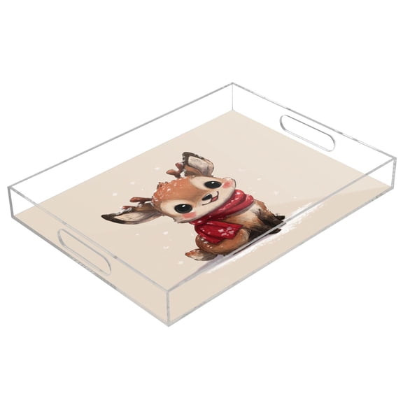 Acrylic Tray 15.7*11.8*1.9 Inch Transparent Tray Food Tray Tea Cup Tray Serving Trays Cosmetics Storage Kitchen Table Bathroom Sundry Storage Cute Yellow Christmas Deer