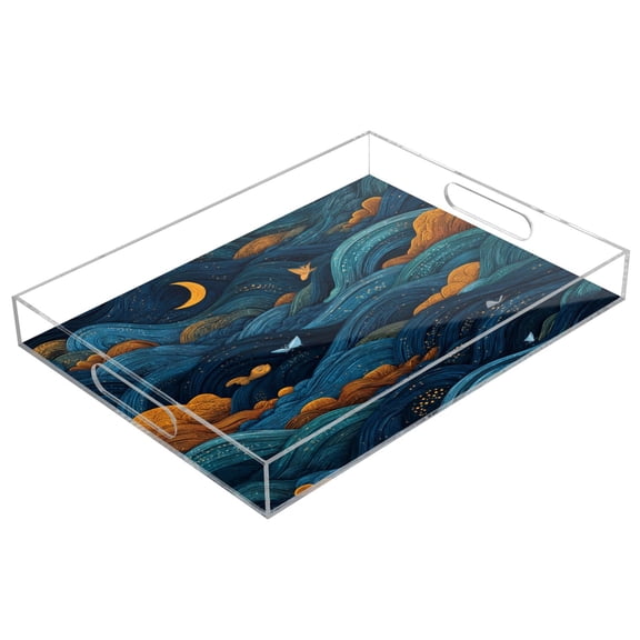 Acrylic Tray 15.7*11.8*1.9 Inch Transparent Tray Food Tray Tea Cup Tray Serving Trays Cosmetics Storage Kitchen Table Bathroom Sundry Storage Dark Blue Clouds