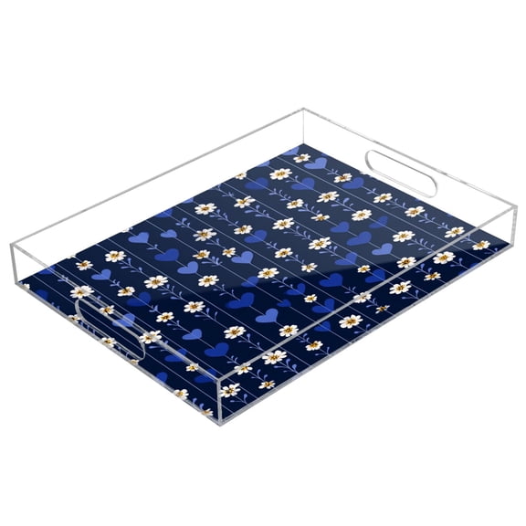 Acrylic Tray 15.7*11.8*1.9 Inch Transparent Tray Food Tray Tea Cup Tray Serving Trays Cosmetics Storage Kitchen Table Bathroom Sundry Storage Dark Blue Daisy Pattern