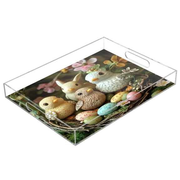 Acrylic Tray 15.7*11.8*1.9 Inch Transparent Tray Food Tray Tea Cup Tray Serving Trays Cosmetics Storage Kitchen Table Bathroom Sundry Storage Easter Birds and Eggs