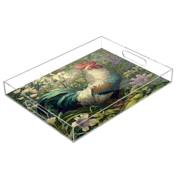 Acrylic Tray 15.7*11.8*1.9 Inch Transparent Tray Food Tray Tea Cup Tray Serving Trays Cosmetics Storage Kitchen Table Bathroom Sundry Storage Elegant Rooster