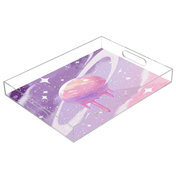 Acrylic Tray 15.7*11.8*1.9 Inch Transparent Tray Food Tray Tea Cup Tray Serving Trays Cosmetics Storage Kitchen Table Bathroom Sundry Storage Fantasy Cartoon Style Planet