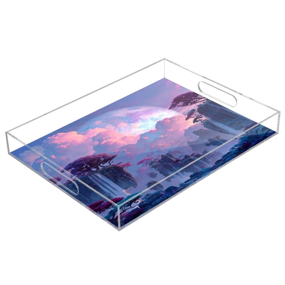 Acrylic Tray 15.7*11.8*1.9 Inch Transparent Tray Food Tray Tea Cup Tray Serving Trays Cosmetics Storage Kitchen Table Bathroom Sundry Storage Fantasy Floating Island Waterfalls