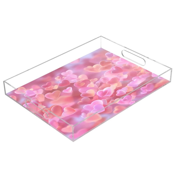 Acrylic Tray 15.7*11.8*1.9 Inch Transparent Tray Food Tray Tea Cup Tray Serving Trays Cosmetics Storage Kitchen Table Bathroom Sundry Storage Floating Pink Heart