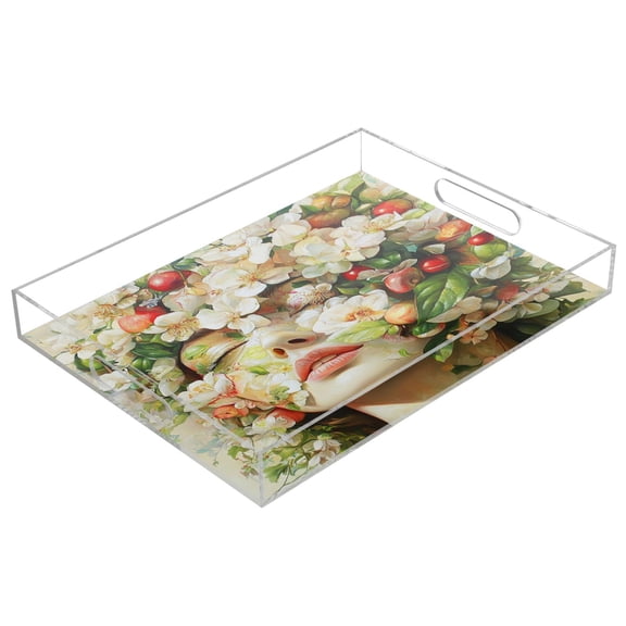 Acrylic Tray 15.7*11.8*1.9 Inch Transparent Tray Food Tray Tea Cup Tray Serving Trays Cosmetics Storage Kitchen Table Bathroom Sundry Storage Floral Beauty
