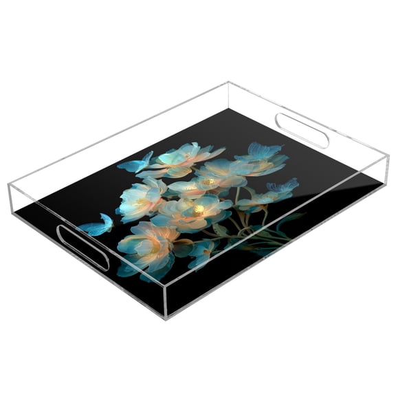 Acrylic Tray 15.7*11.8*1.9 Inch Transparent Tray Food Tray Tea Cup Tray Serving Trays Cosmetics Storage Kitchen Table Bathroom Sundry Storage Flowers