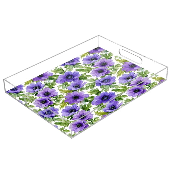 Acrylic Tray 15.7*11.8*1.9 Inch Transparent Tray Food Tray Tea Cup Tray Serving Trays Cosmetics Storage Kitchen Table Bathroom Sundry Storage Fresh Purple Hyacinth Blooms