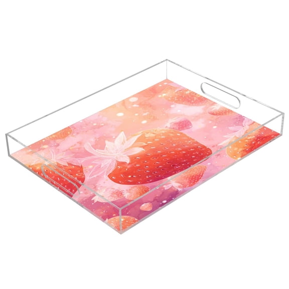 Acrylic Tray 15.7*11.8*1.9 Inch Transparent Tray Food Tray Tea Cup Tray Serving Trays Cosmetics Storage Kitchen Table Bathroom Sundry Storage Fresh Strawberry Illustration