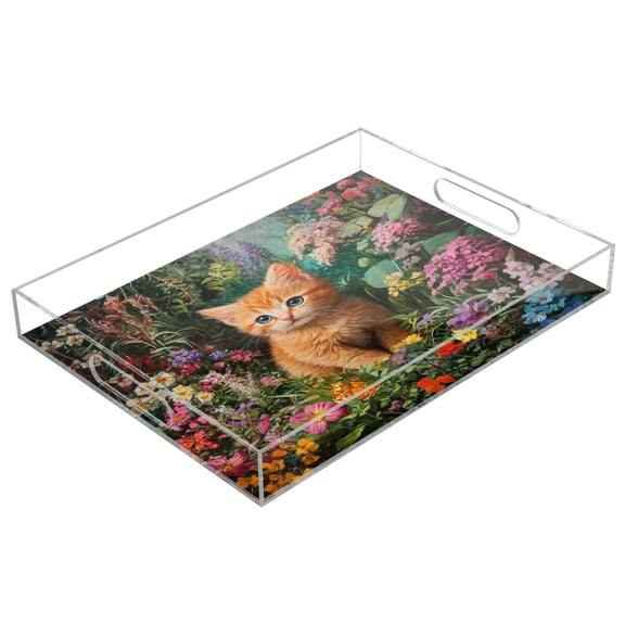 Acrylic Tray 15.7*11.8*1.9 Inch Transparent Tray Food Tray Tea Cup Tray Serving Trays Cosmetics Storage Kitchen Table Bathroom Sundry Storage Garden Orange Cat