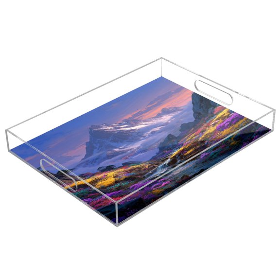 Acrylic Tray 15.7*11.8*1.9 Inch Transparent Tray Food Tray Tea Cup Tray Serving Trays Cosmetics Storage Kitchen Table Bathroom Sundry Storage Glowing Flower Mountain Cartoon
