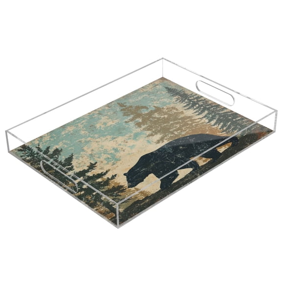 Acrylic Tray 15.7*11.8*1.9 Inch Transparent Tray Food Tray Tea Cup Tray Serving Trays Cosmetics Storage Kitchen Table Bathroom Sundry Storage Gray Cartoon Bear Pattern